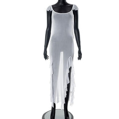 Sheer mesh see through backless ruffle slit cap sleeve maxi dress  | samba dress