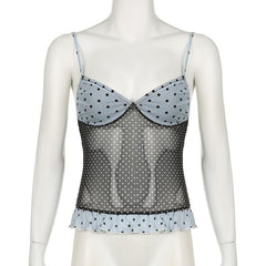 Ruffle polka dot mesh low cut contrast cami top