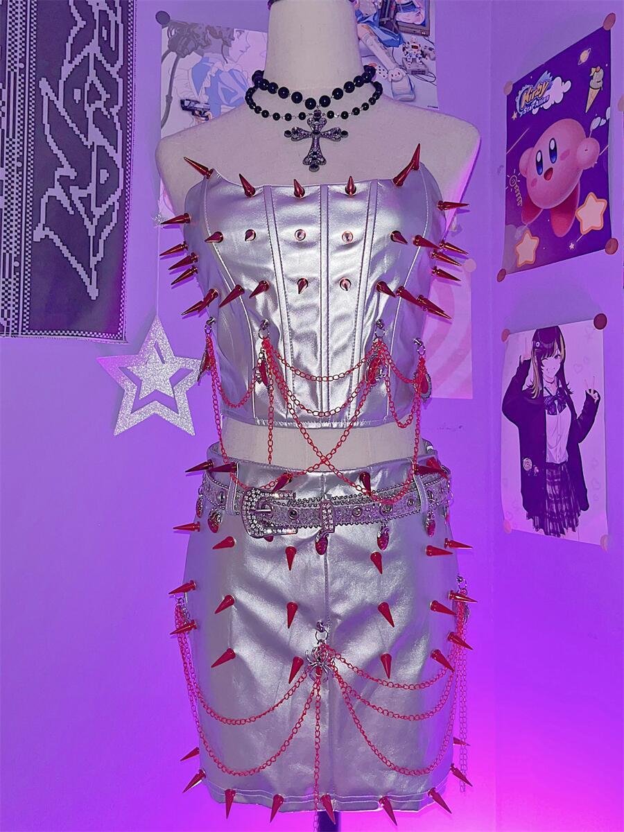 Rivet metallic applique metal chain tube mini skirt set