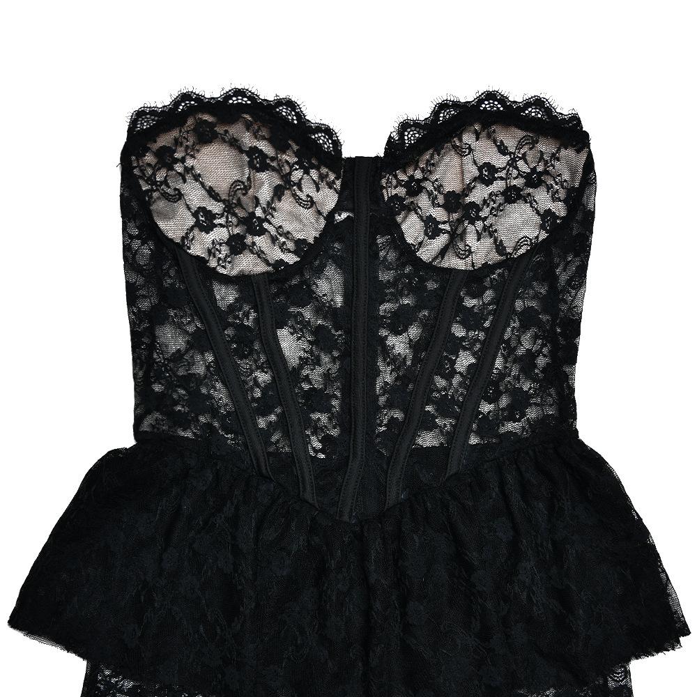 Sweetheart neck lace see through bustier ruched tube maxi dress  | red tango dress