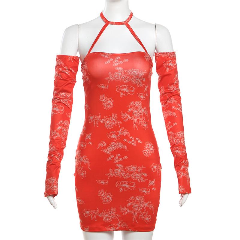 Halter gloves print ruched backless mini dress  | red tango dress