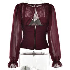 Long sleeve chiffon patchwork corset zip-up top