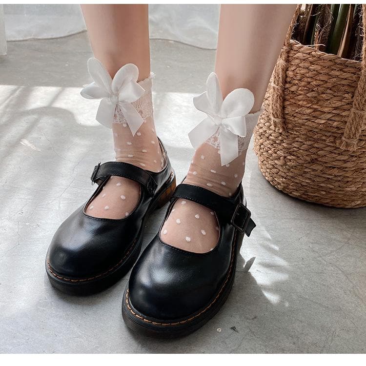 Lace polka dot bowknot bunny ears applique long socks