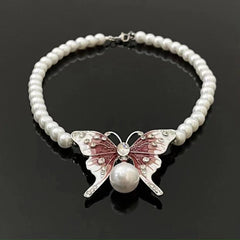 Red butterfly faux pearl choker necklace