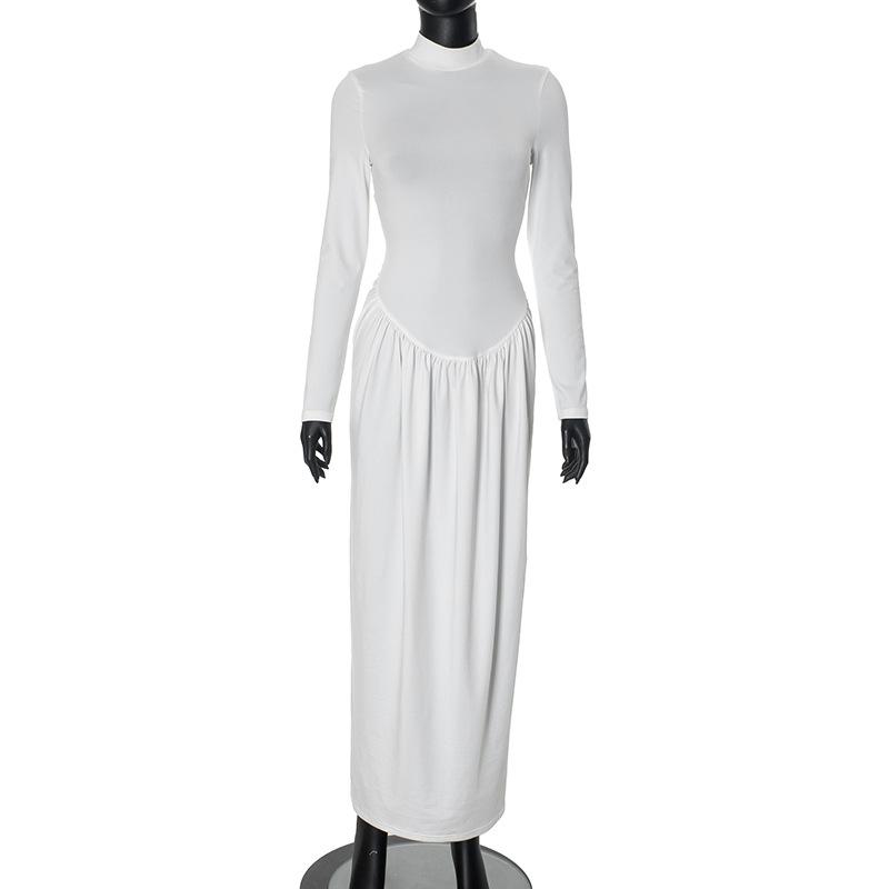 High neck long sleeve ruched maxi dress