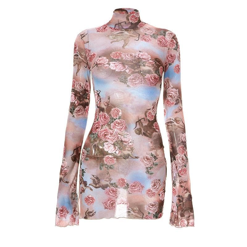 Sheer mesh see through print high neck slit long sleeve mini dress  | samba dress