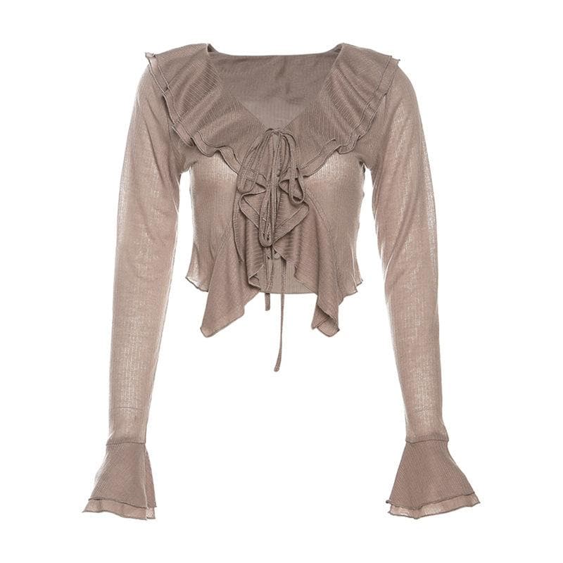 Self tie solid ruffle long flared sleeve v neck crop top