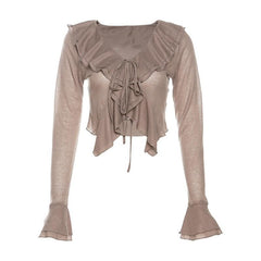 Self tie solid ruffle long flared sleeve v neck crop top