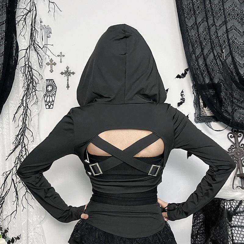 Hoodie long sleeve buckle cross back crop top