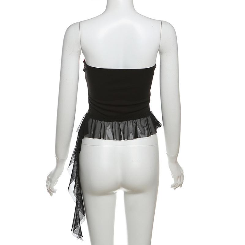 Ribbed “BEYWADâ€?print patchwork ruffle tube top