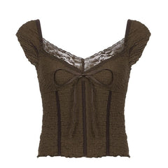 Textured cap sleeve lace hem solid backless top