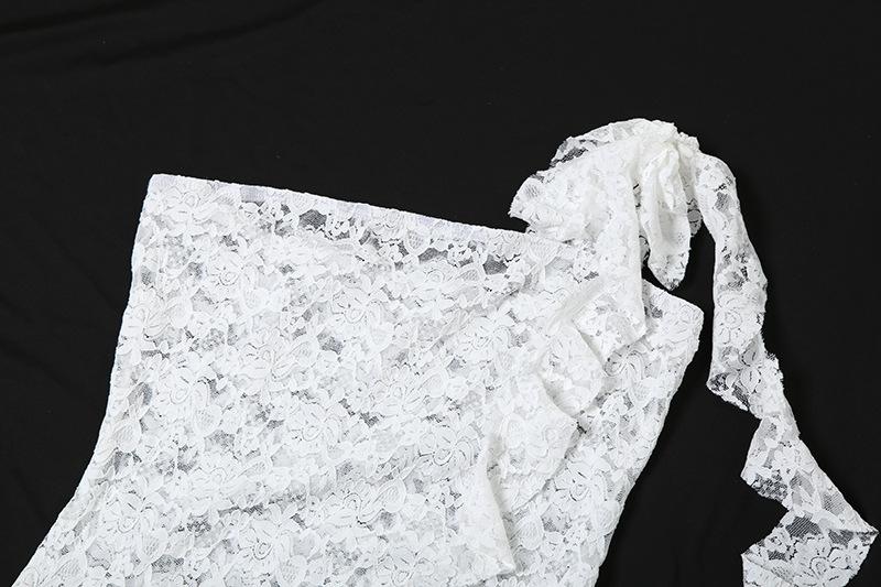 Lace see through one shoulder ruffle knotted ruched mini dress