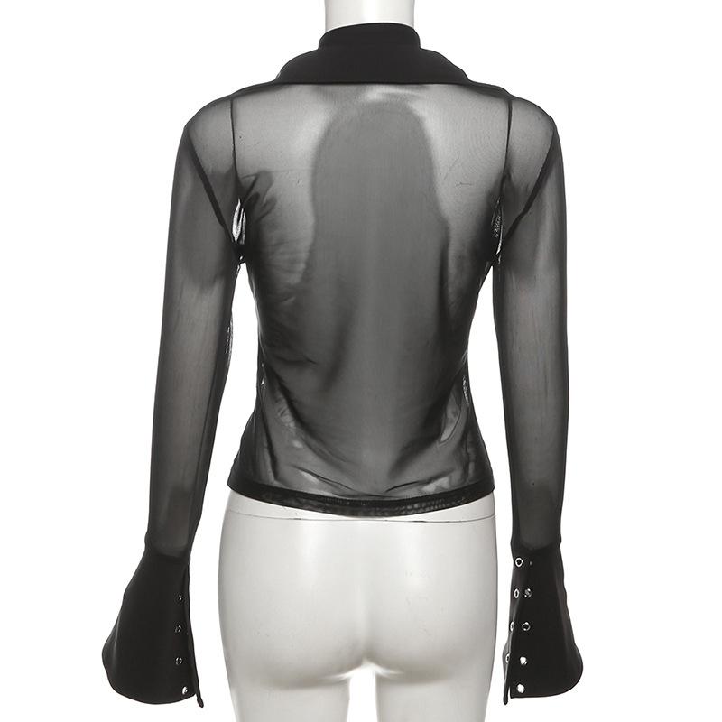Turnover collar long sleeve mesh self tie top