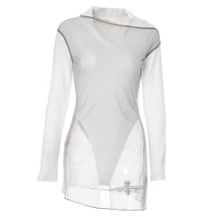 Turnover collar long sleeve mesh 2 piece top