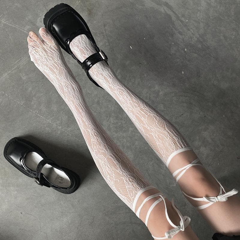 Sheer lace self tie knee high socks