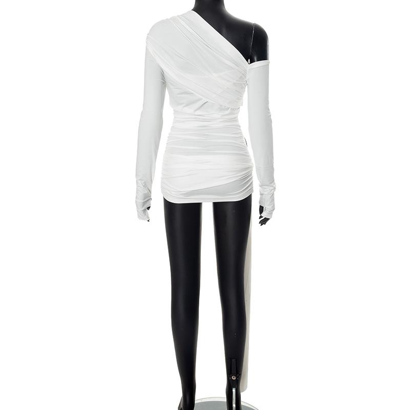 One shoulder long sleeve ruched hollow out knotted top