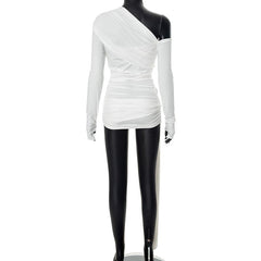 One shoulder long sleeve ruched hollow out knotted top