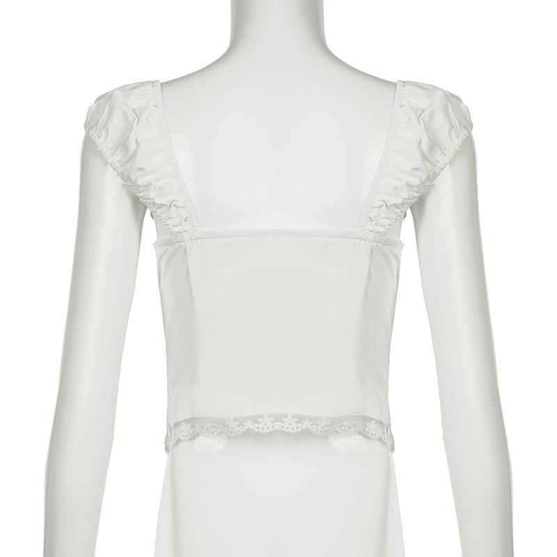Cap sleeve lace hem lace up ruched top