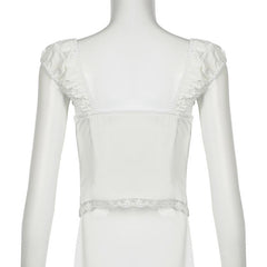 Cap sleeve lace hem lace up ruched top