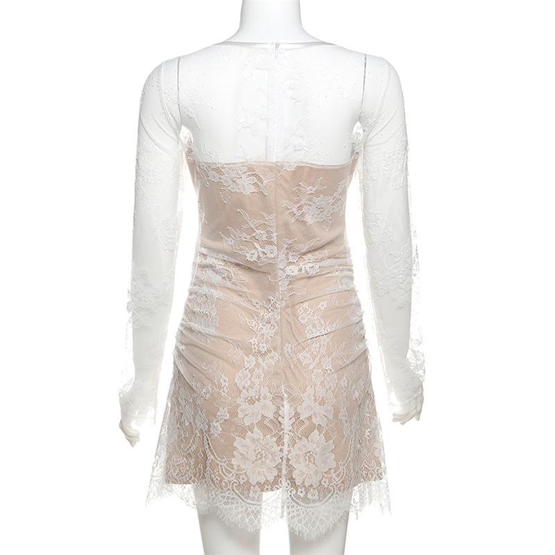 Long sleeve lace zip-up ruched mini dress