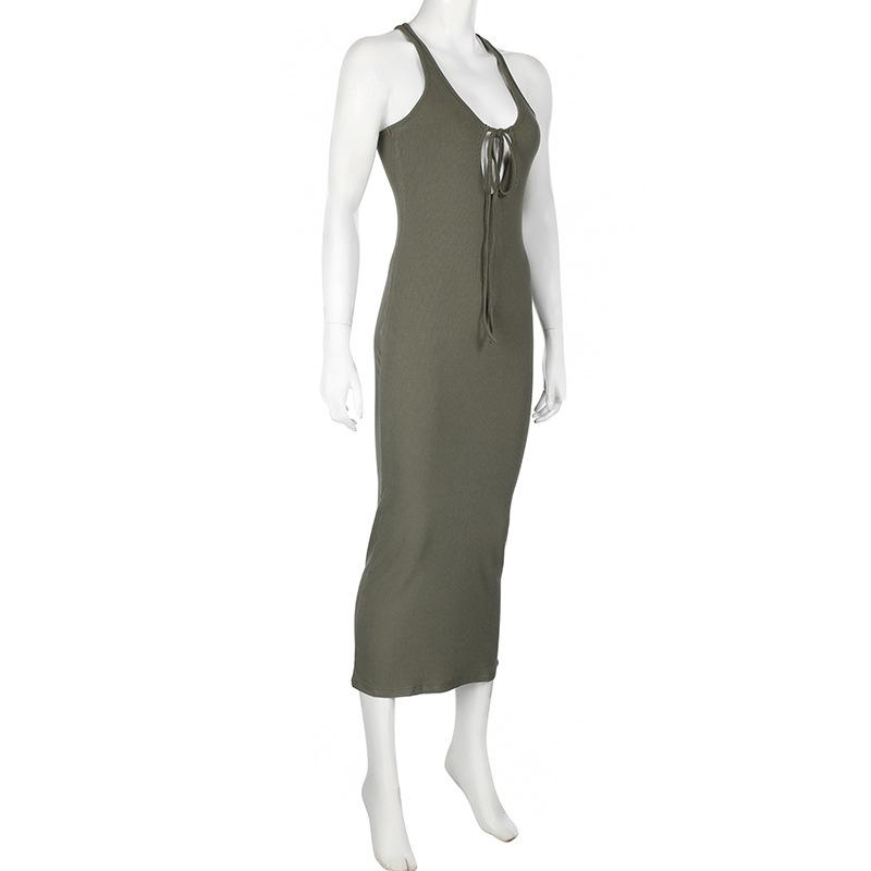 U neck self tie hollow out solid maxi dress