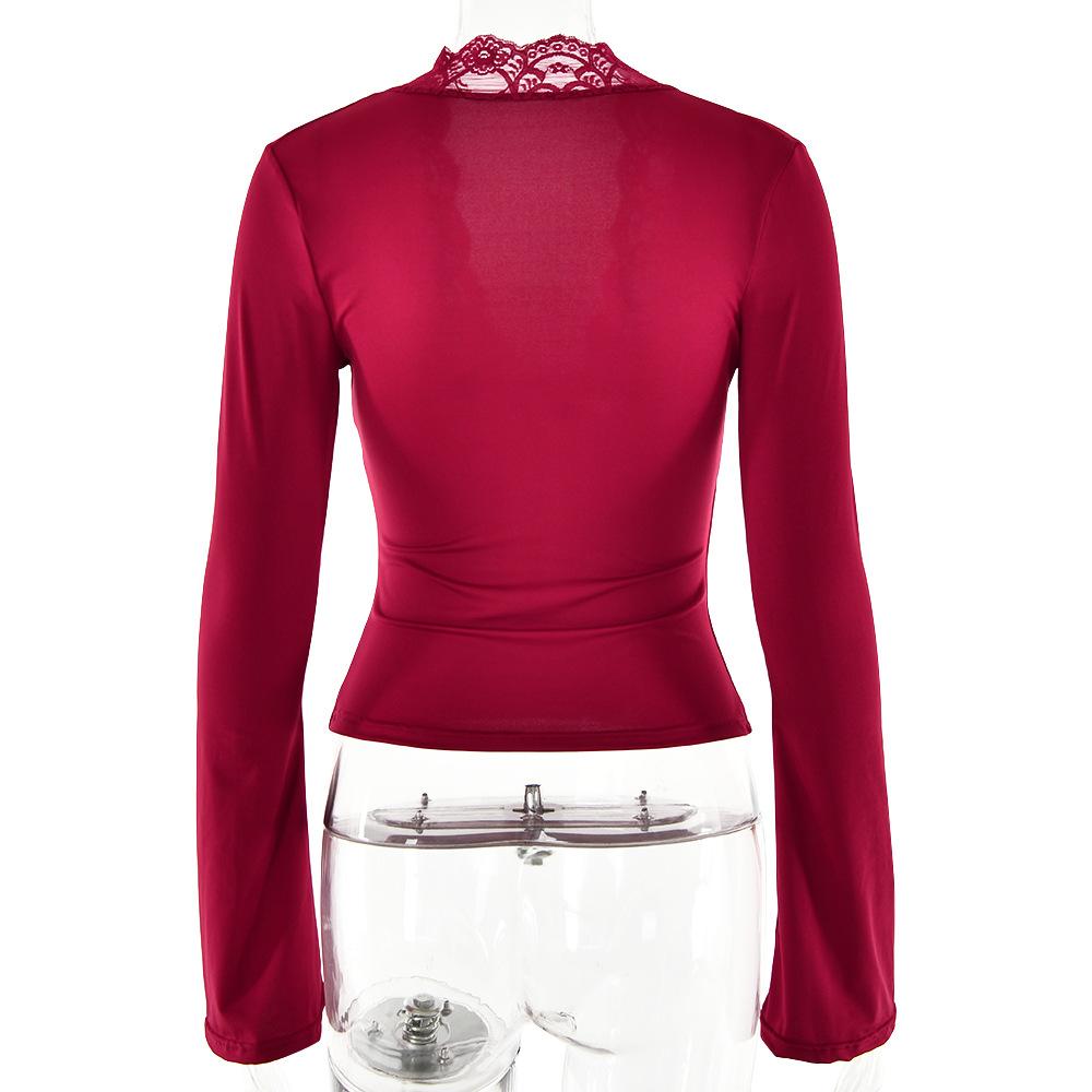 Long flared sleeve deep V neck lace hem top