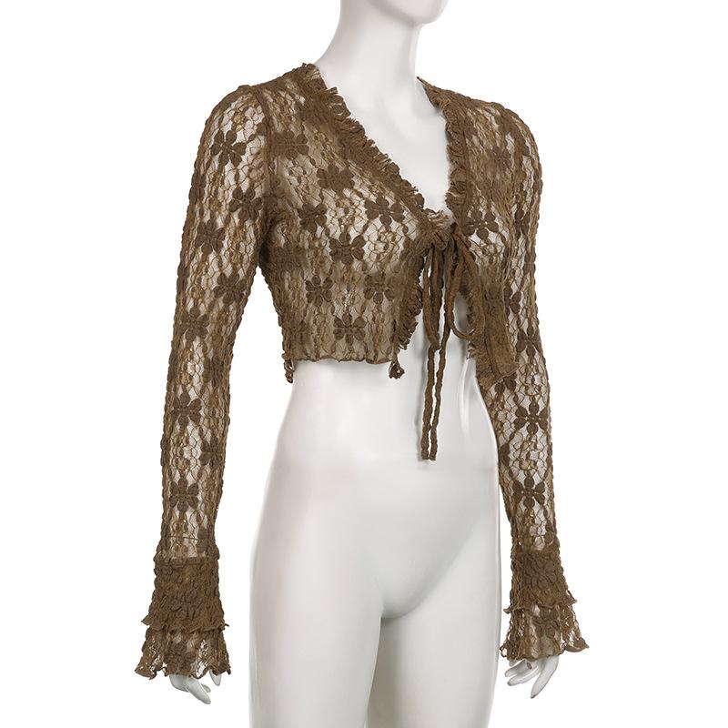 Long sleeve lace self tie crop top