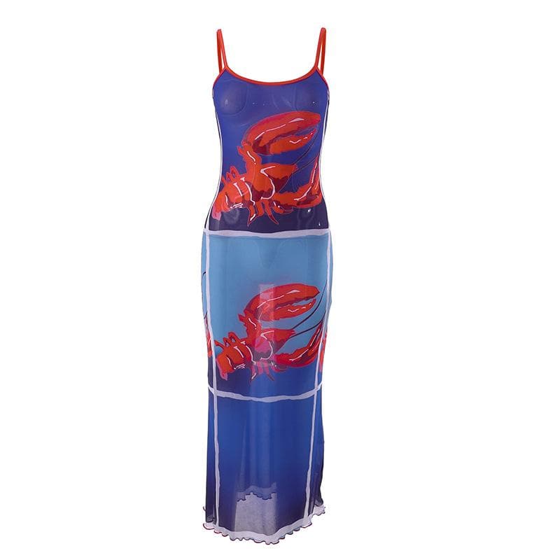 Sheer mesh lobster see through contrast print ruffle cami midi dress  | samba dress