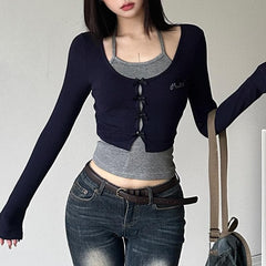 Bowknot contrast patchwork long sleeve halter top