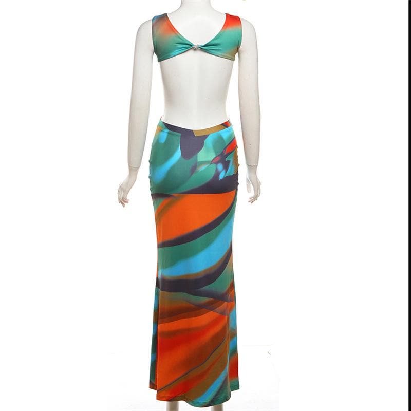Crewneck hollow out backless ruched tank cut out maxi skirt