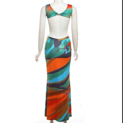 Crewneck hollow out backless ruched tank cut out maxi skirt