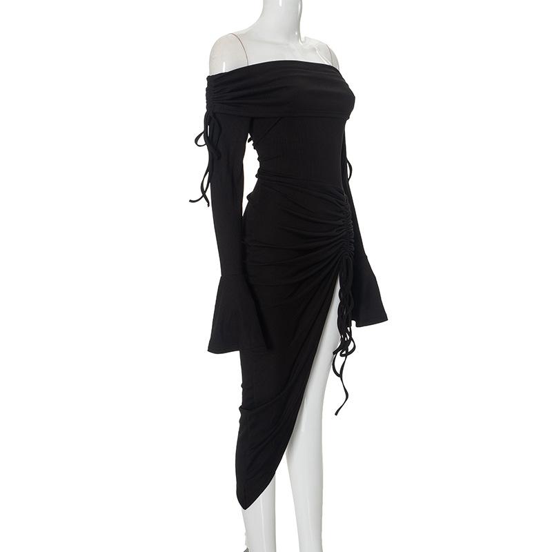 Flared sleeve off shoulder slit ruched self tie midi dress