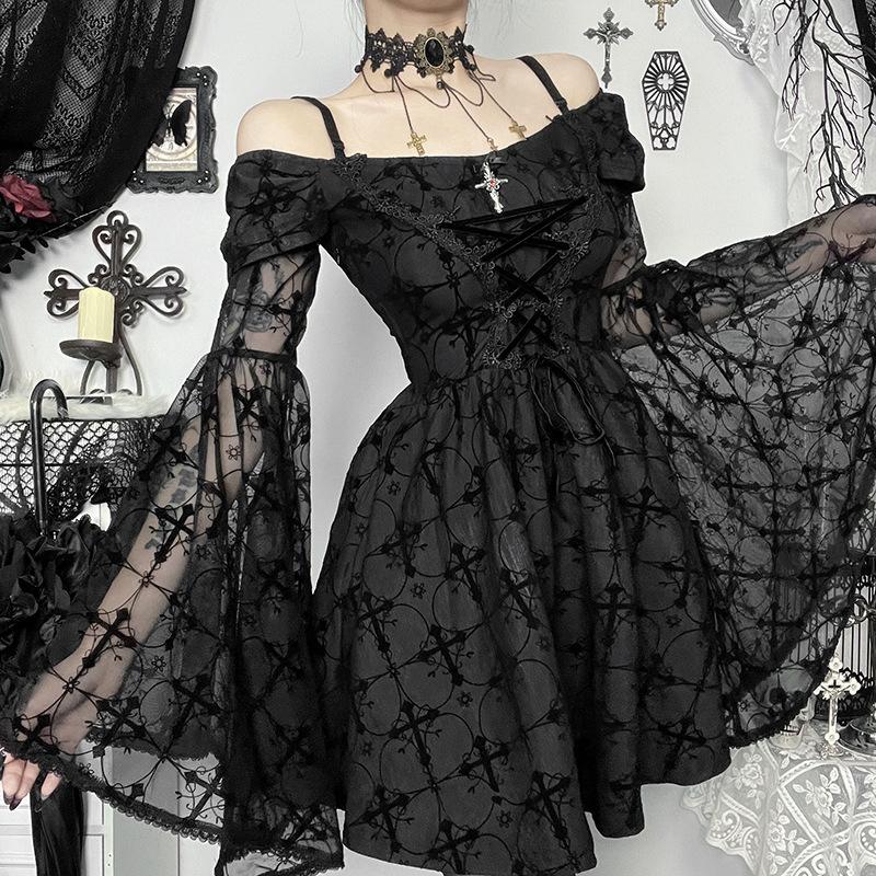 Long flared sleeve off shoulder cross applique mini dress  | black rave dress