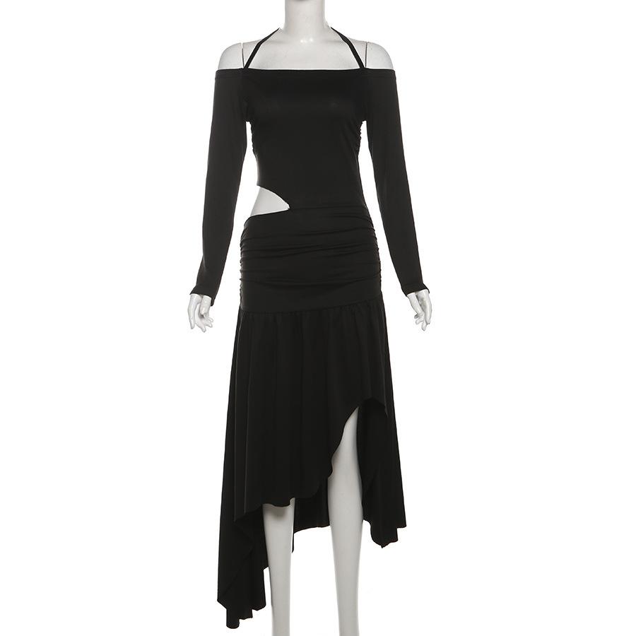 Halter long sleeve off shoulder hollow out maxi dress