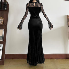Long sleeve v neck lace velvet patchwork maxi dress