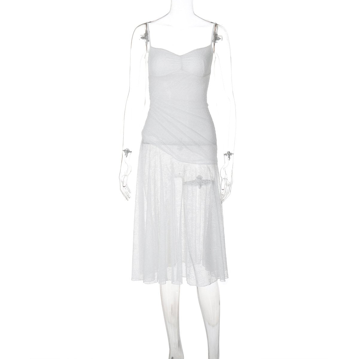 Lace ruched see through cami midi dress