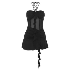 Mesh patchwork ruffle ruched halter backless mini dress  | red tango dress