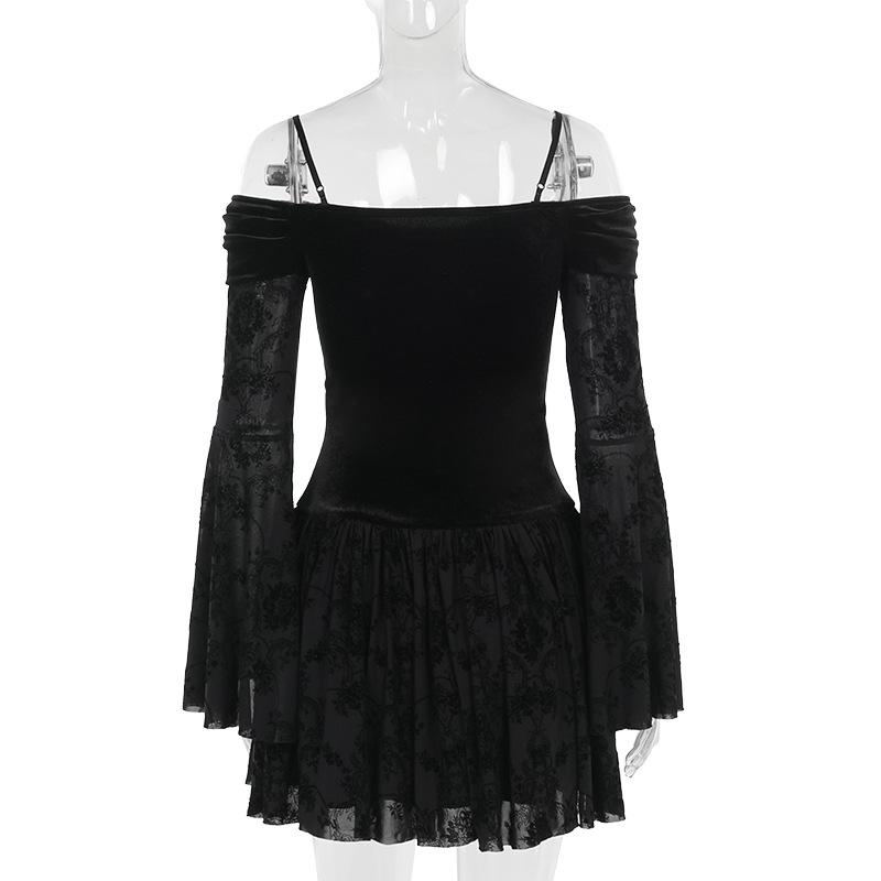 Off shoulder long flared sleeve velvet mini dress