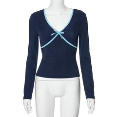 Long sleeve v neck bowknot stitch top