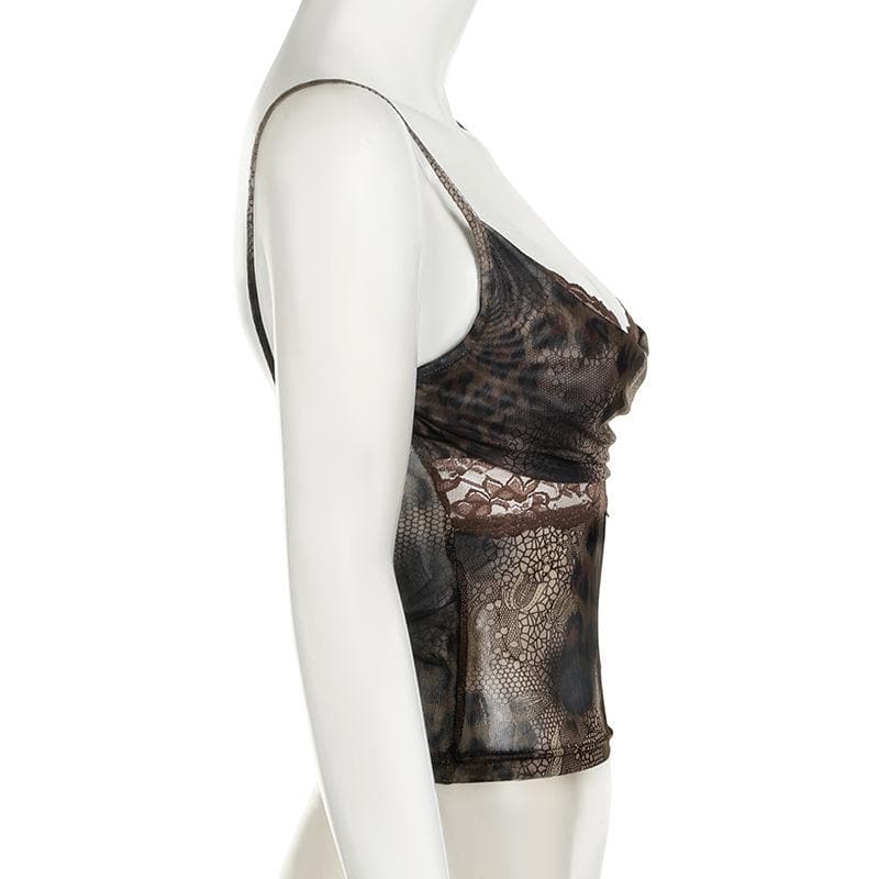 Ruched cowl neck lace patchwork backless cami top