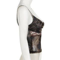 Ruched cowl neck lace patchwork backless cami top