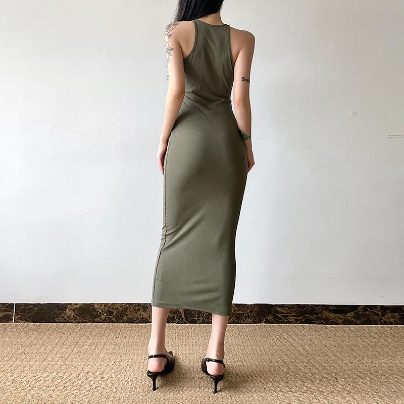 U neck self tie hollow out solid maxi dress