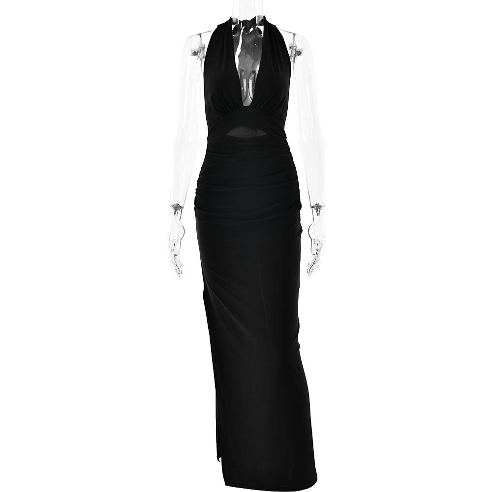 Halter deep v neck slit backless ruched maxi dress