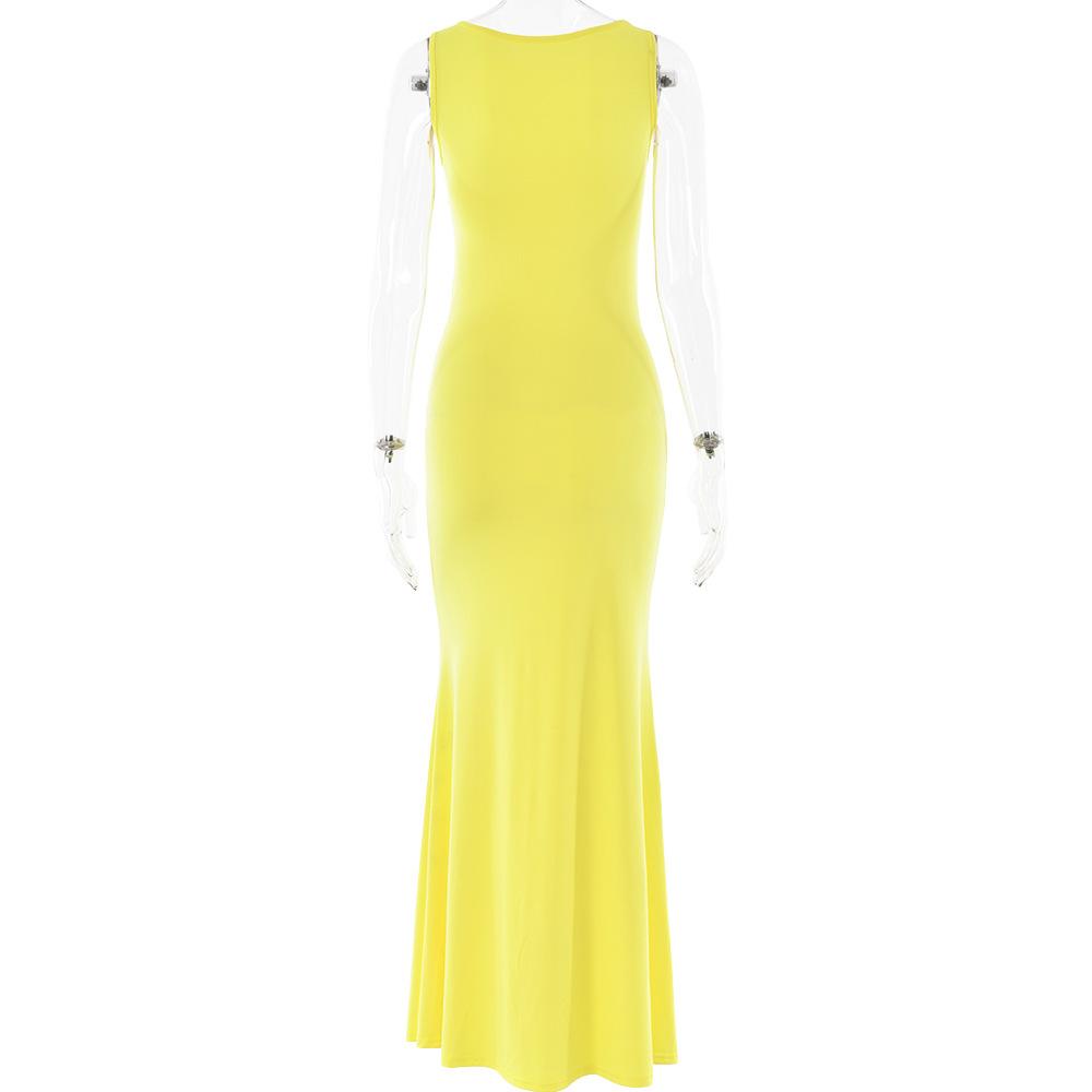 Sleeveless crewneck ruched knotted solid maxi dress