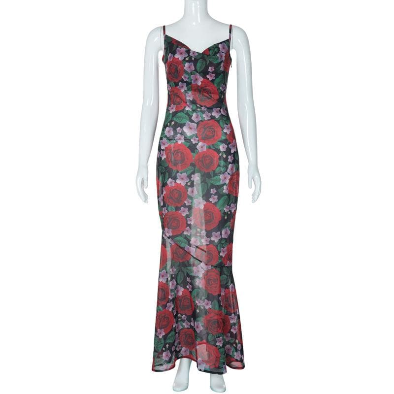 Cowl neck flower print zip-up contrast backless cami maxi dress  | red tango dress