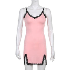 V neck slit lace hem bowknot cami mini dress