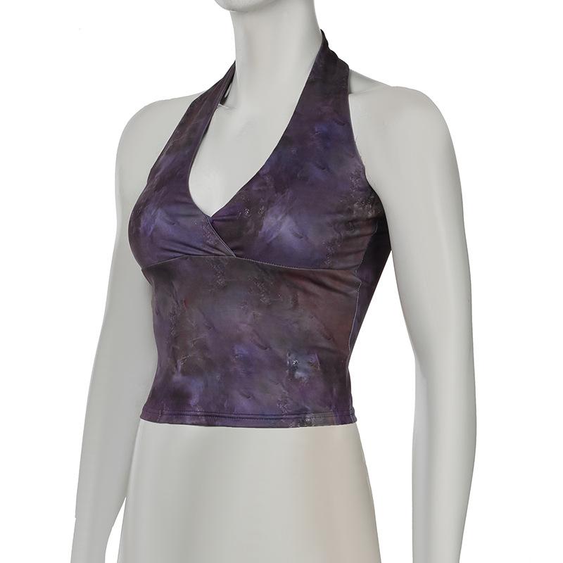 Halter v neck tie dye backless top