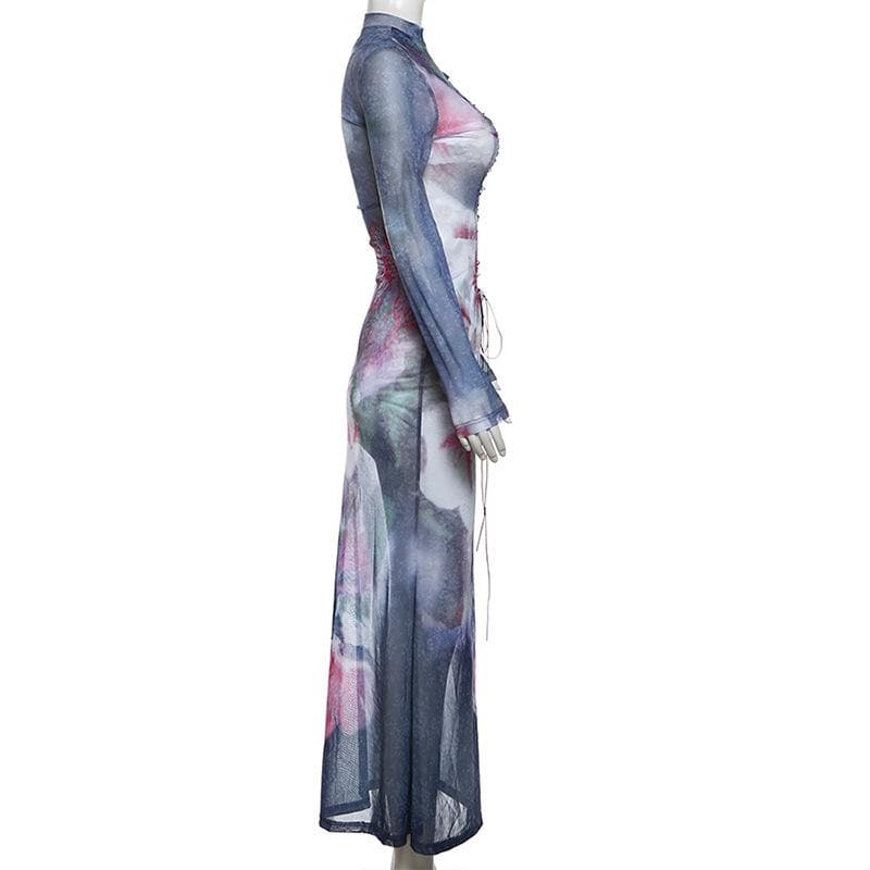 Long sleeve print sheer mesh lace up maxi dress  | samba dress