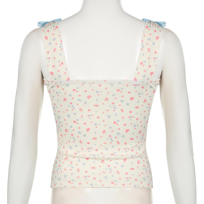 Square neck bowknot ribbed print cami top