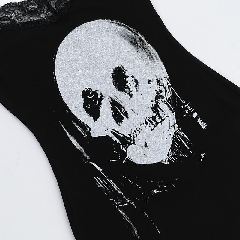 Skull print lace hem cami mini dress